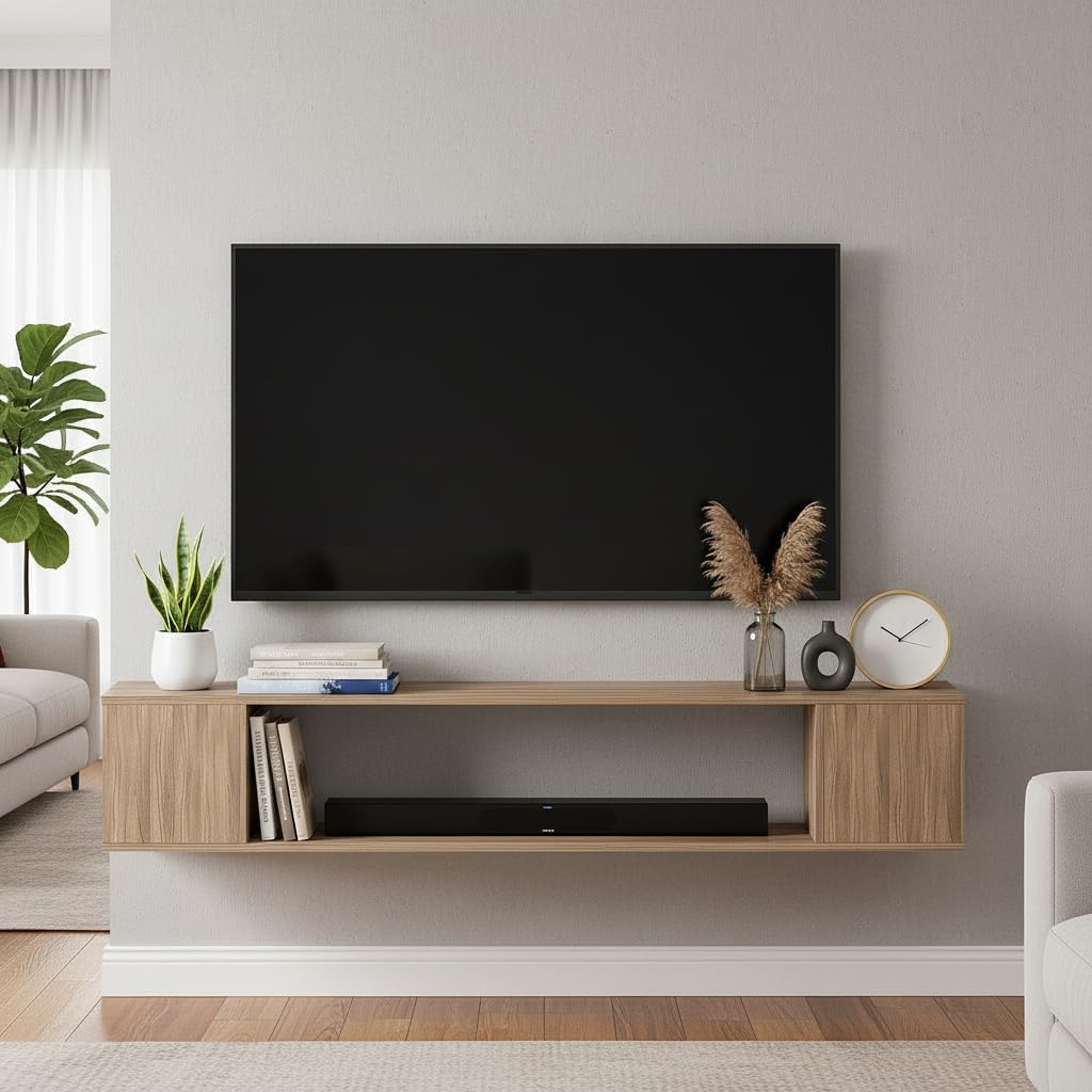 Ether Modern Wall Mounted TV Unit with Floating Shelf (Exotic Teak) - front_view