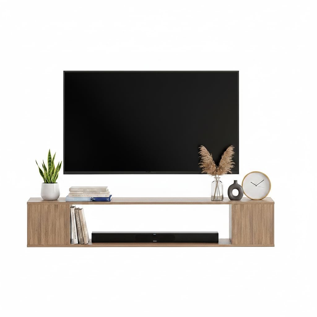 Ether Modern Wall Mounted TV Unit with Floating Shelf (Exotic Teak) - left_view