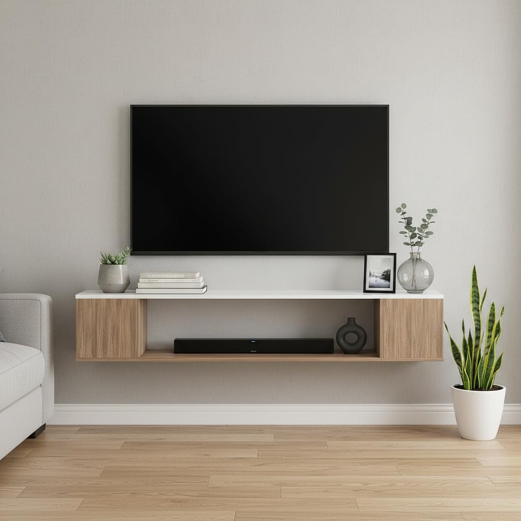 Ether Modern Wall Mounted TV Unit with Floating Shelf (Exotic Teak & White) - front_view