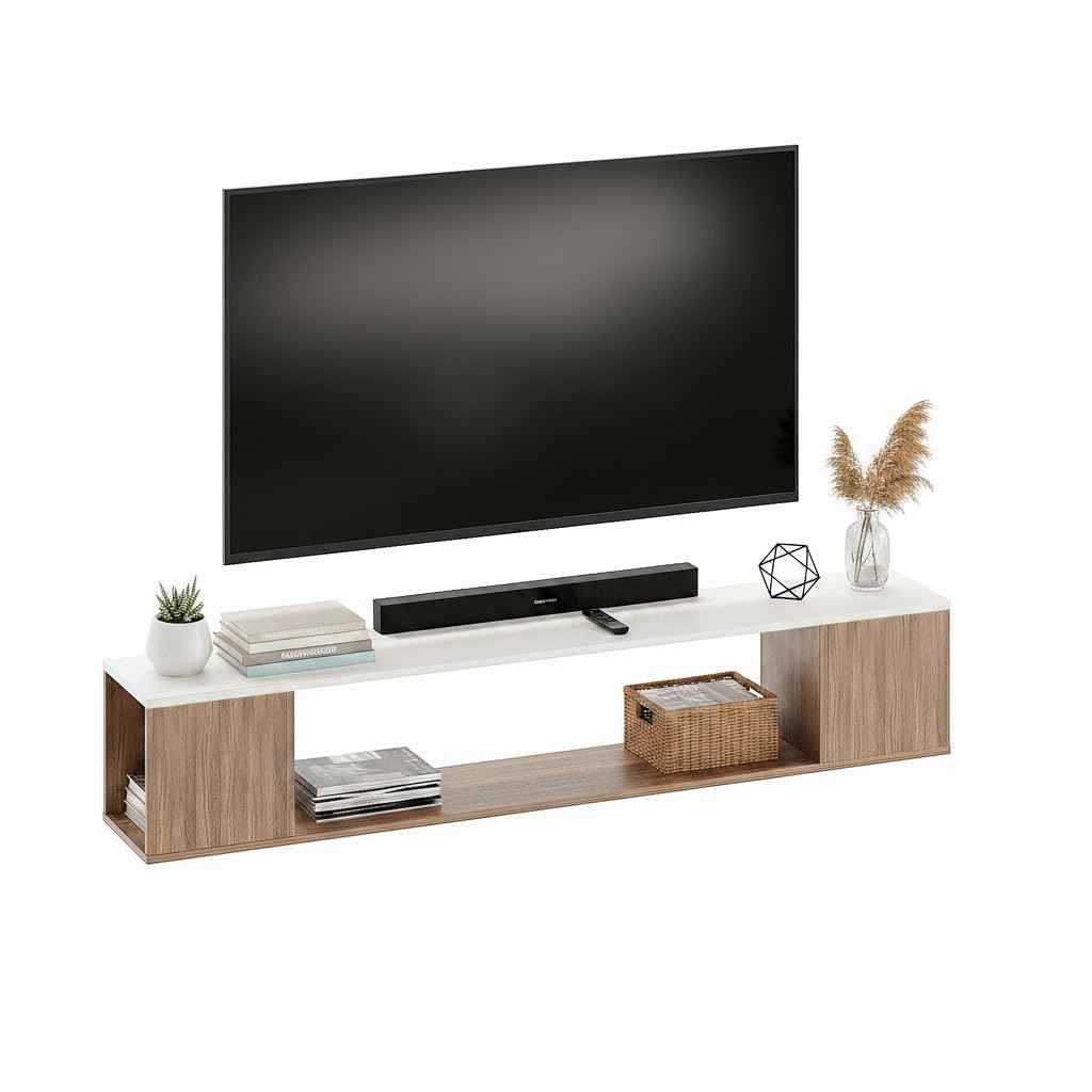 Ether Modern Wall Mounted TV Unit with Floating Shelf (Exotic Teak & White) - right_view