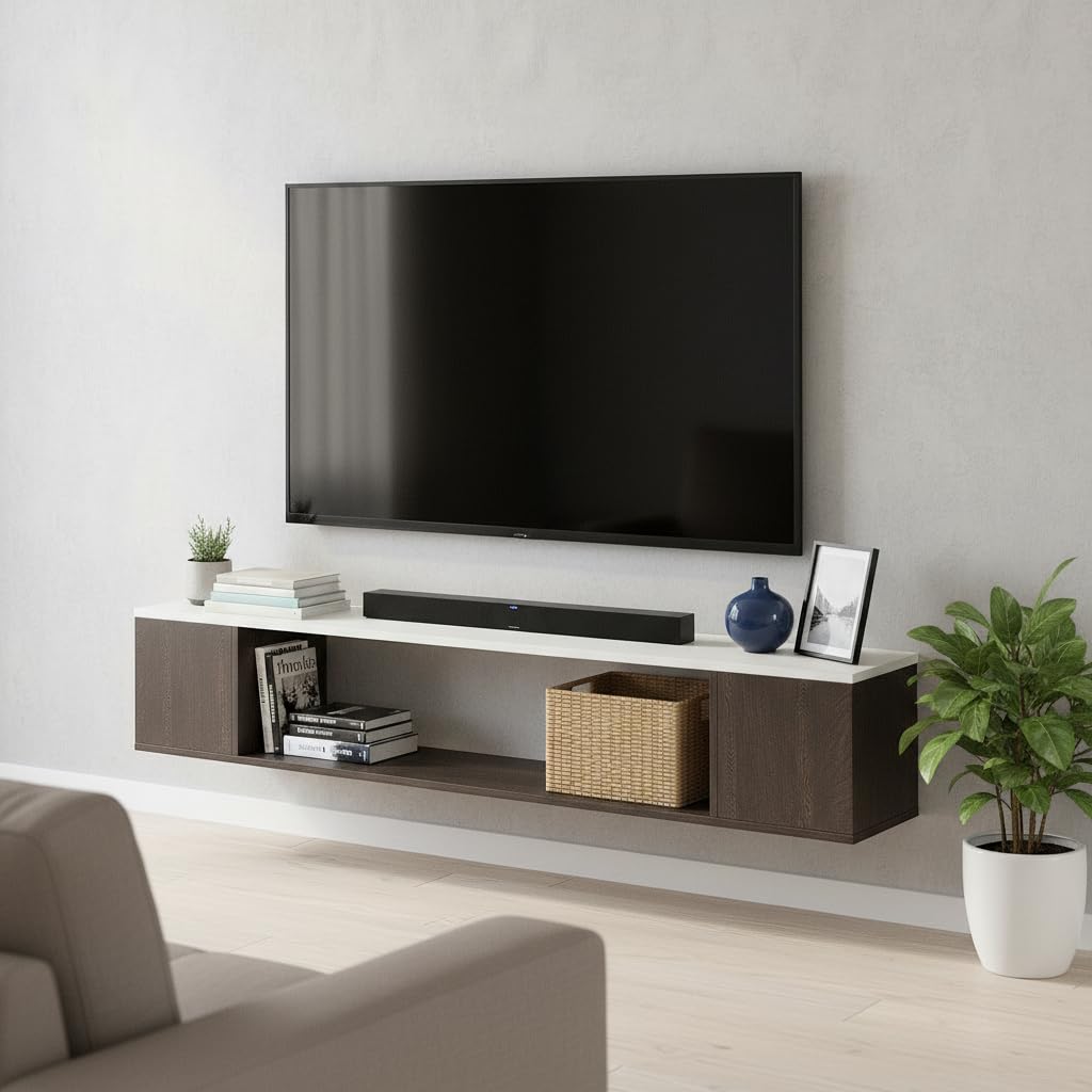Ether Modern Wall Mounted TV Unit with Floating Shelf (Wenge & White) - front_view