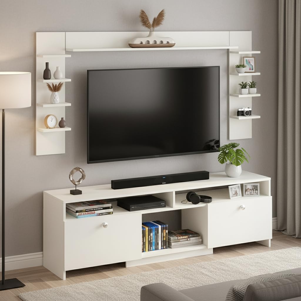 Samnor Engineered Wood TV Unit with Storage Shelves | Entertainment Unit, TV Table, Set Top Box Stand for Living Room (White) - top_view