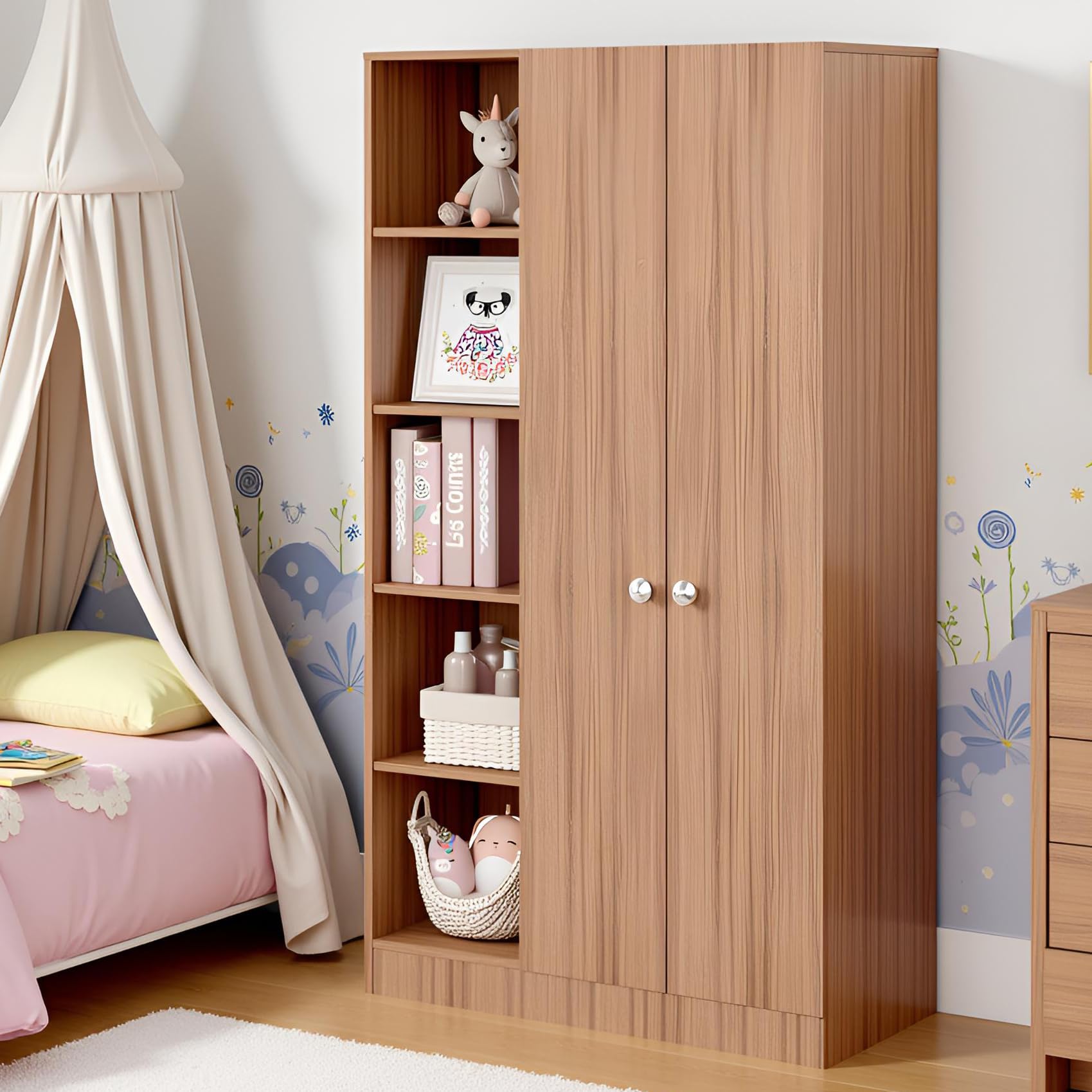 Elora Wardrobe for Kids, Baby Almirah for Clothes, Baby Storage Organizer, Cupboard for Clothes, Kids Wardrobe for Clothes/Toys/Books (Exotic Teak) - front_view