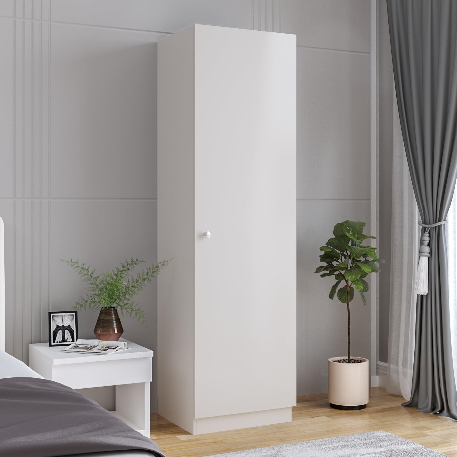 Fanciable Engineered Wood 1 Door Wardrobe Almirah for Clothes | White - front_view