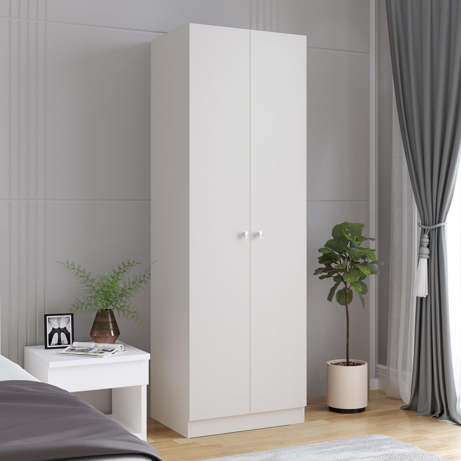 Fanciable Engineering Wood 2 Door Wardrobe Almirah for Clothes (White) - front_view