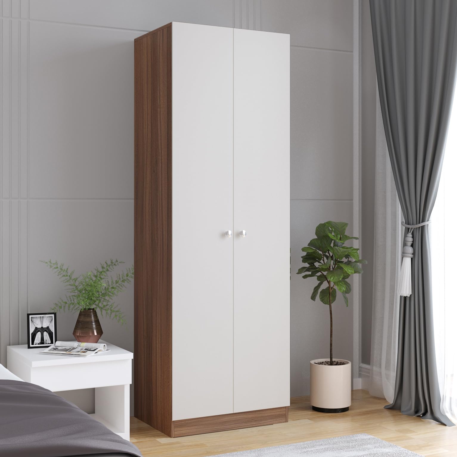 Fanciable Engineering Wood 2 Door Wardrobe Almirah for Clothes (Exotic Teak & White) - front_view