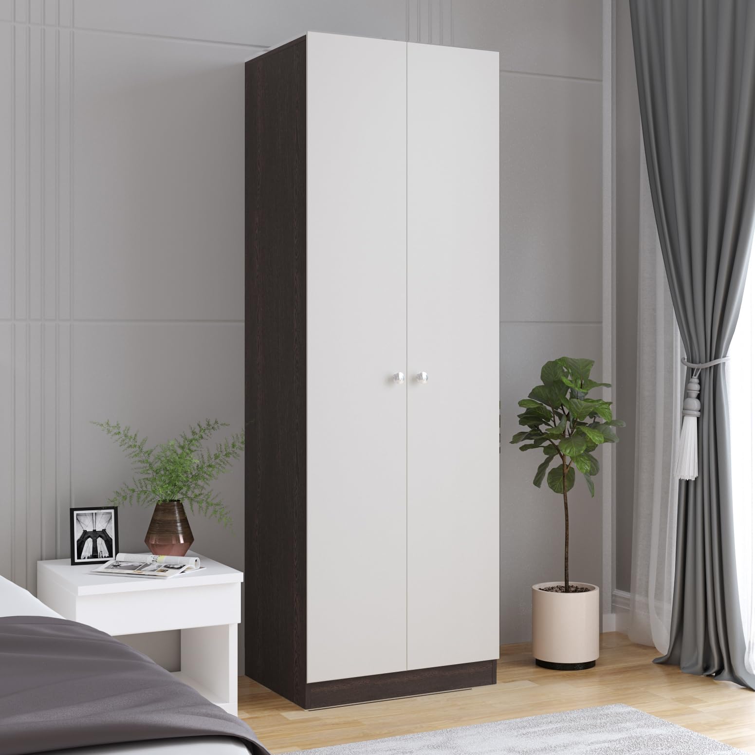 Fanciable Engineering Wood 2 Door Wardrobe Almirah for Clothes (Wenge & White) - front_view