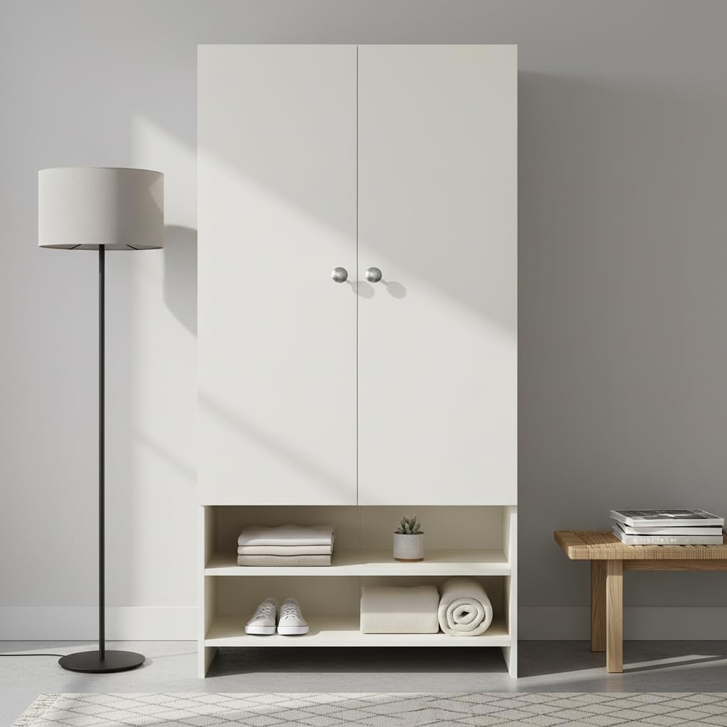 YSH Engineered Wood Wardrobe Almirah for Clothes with 2 Doors & Open Shoe Rack (White) - front_view