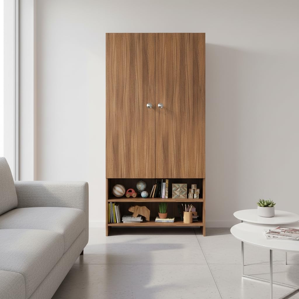 YSH Engineered Wood Wardrobe Almirah for Clothes with 2 Doors & Open Shoe Rack (Exotic Teak) - front_view