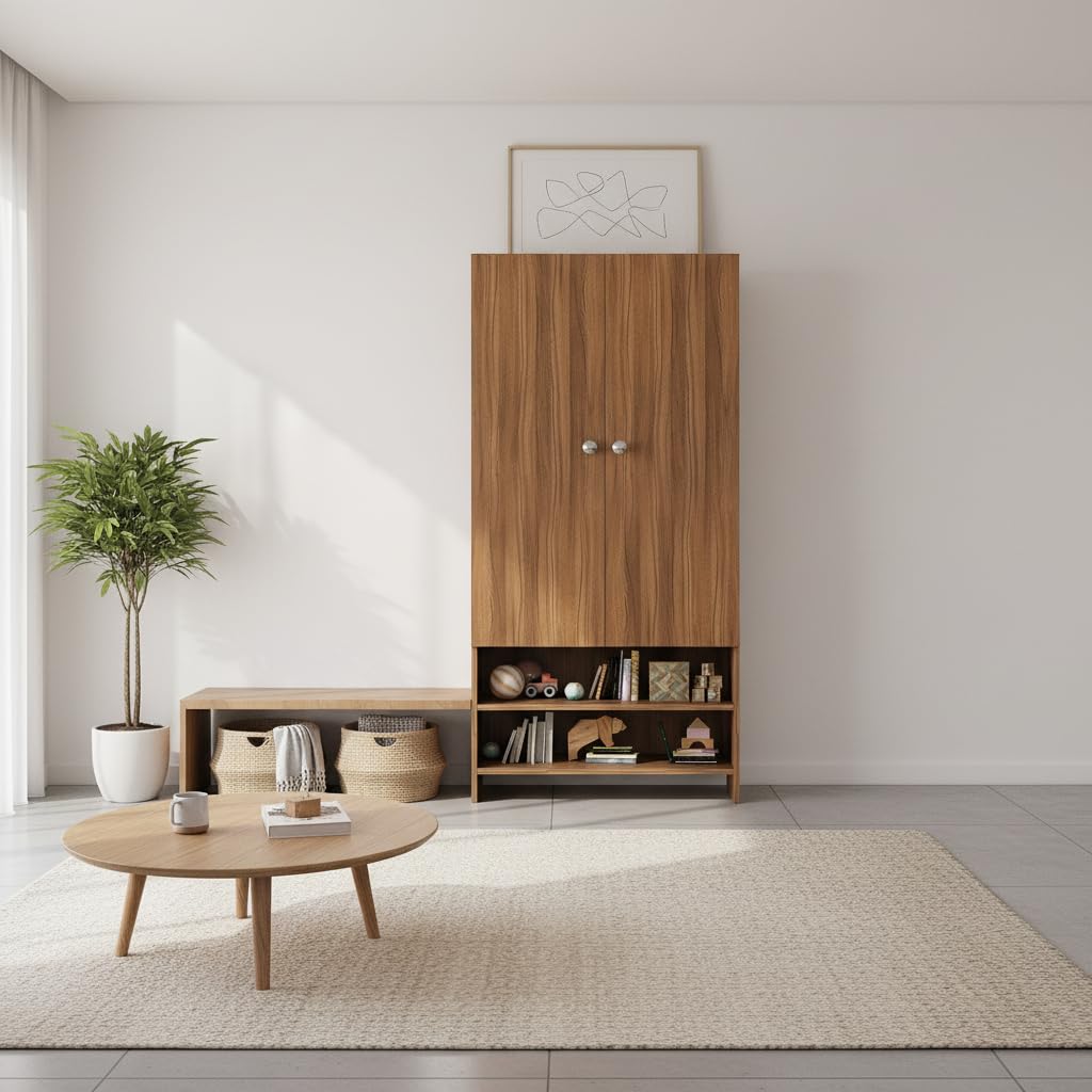 YSH Engineered Wood Wardrobe Almirah for Clothes with 2 Doors & Open Shoe Rack (Exotic Teak) - left_view