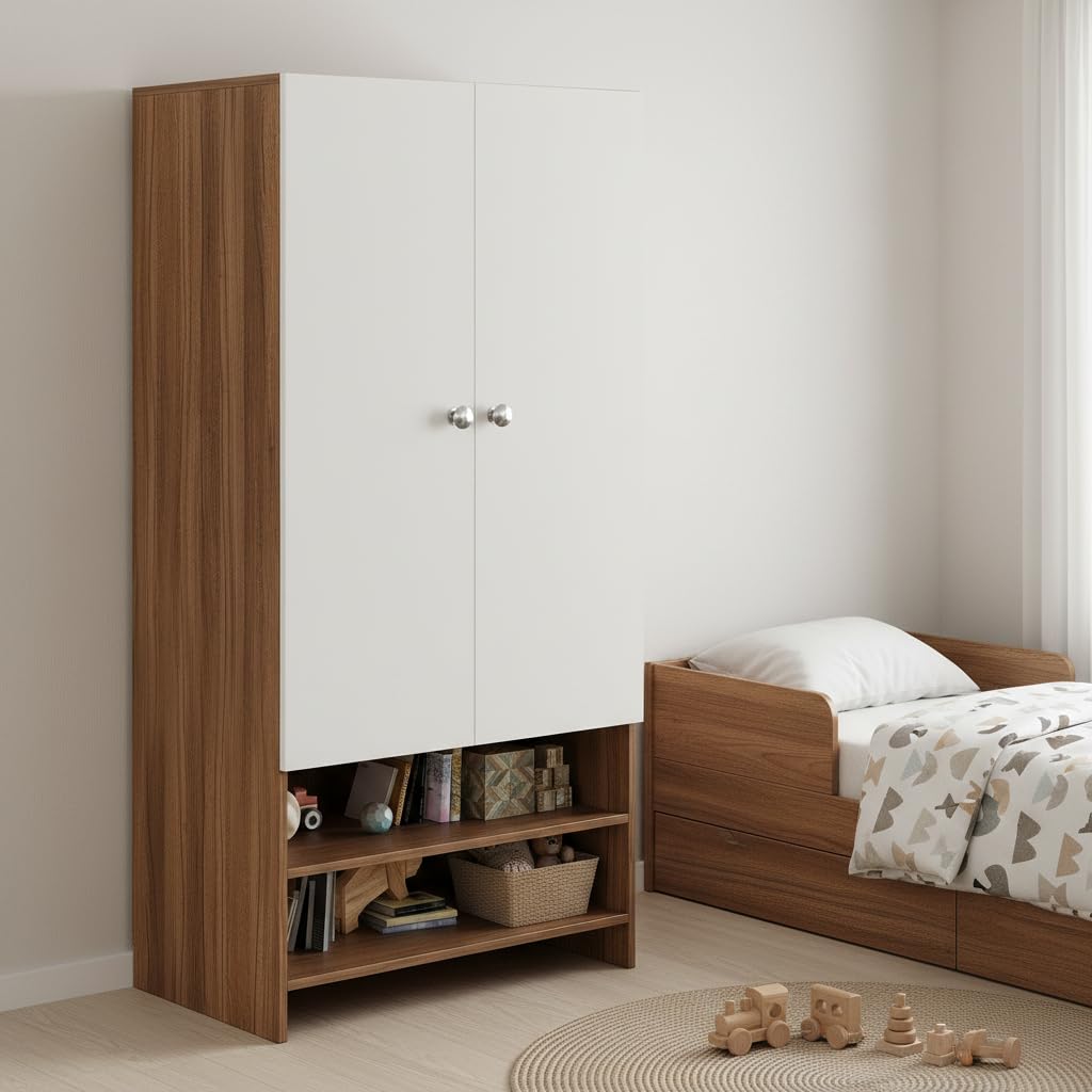 YSH Engineered Wood Wardrobe Almirah for Clothes with 2 Doors & Open Shoe Rack (Exotic Teak & White 2) - front_view
