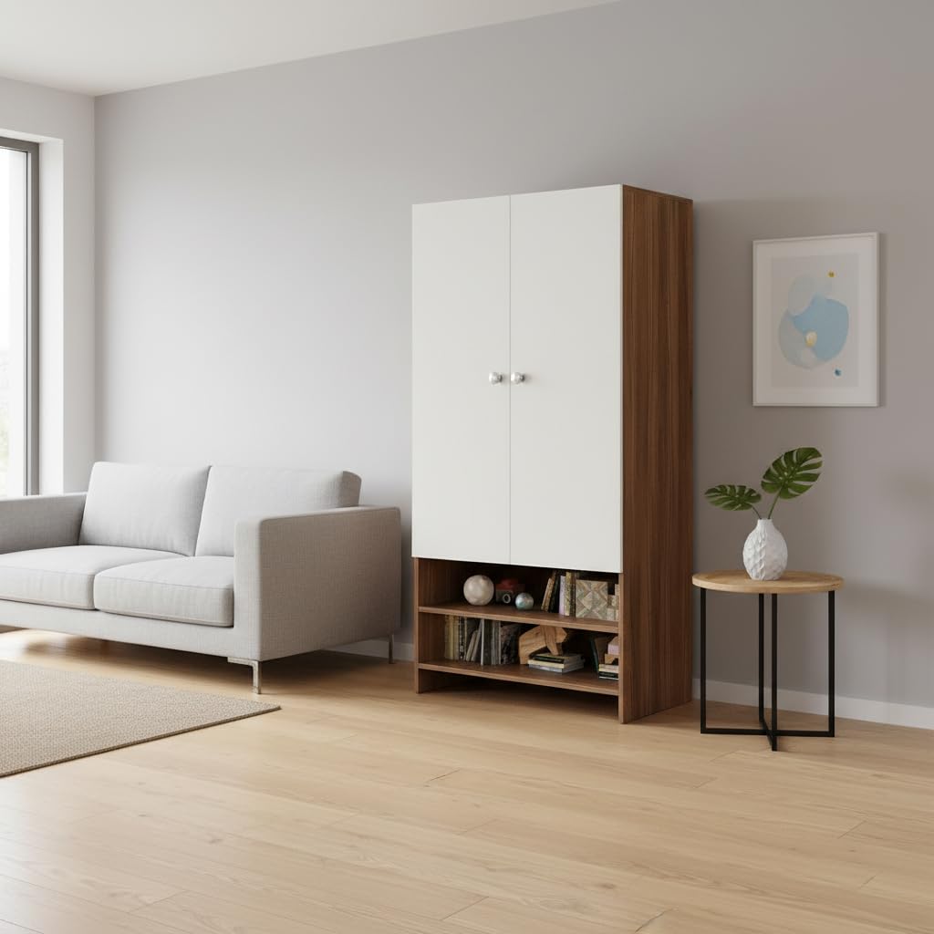 YSH Engineered Wood Wardrobe Almirah for Clothes with 2 Doors & Open Shoe Rack (Exotic Teak & White 2) - right_view