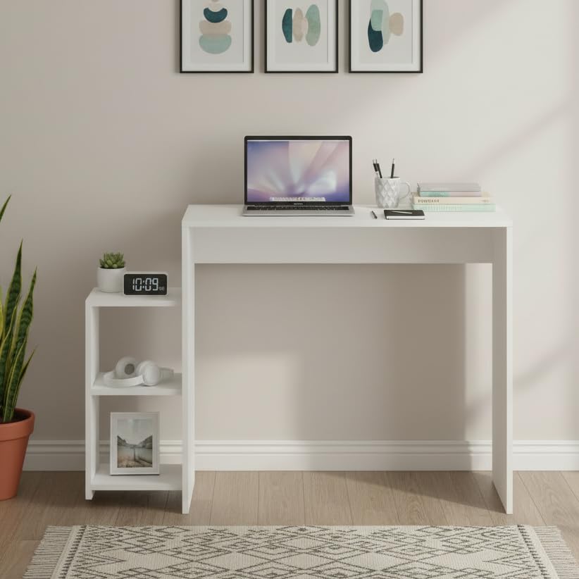 Austin Engineered Wood Study Table with Side Storage Shelves (White) - front_view