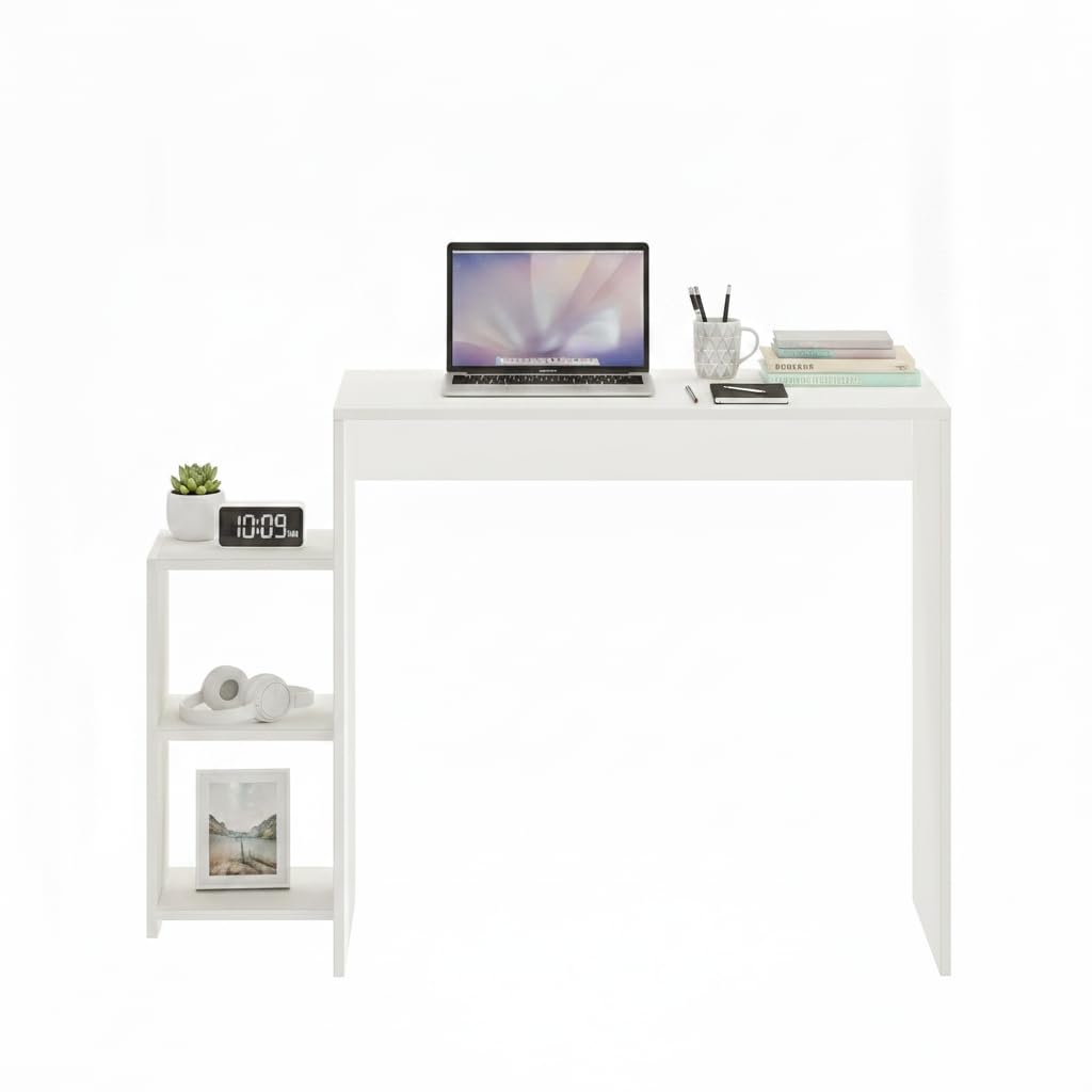 Austin Engineered Wood Study Table with Side Storage Shelves (White) - top_view