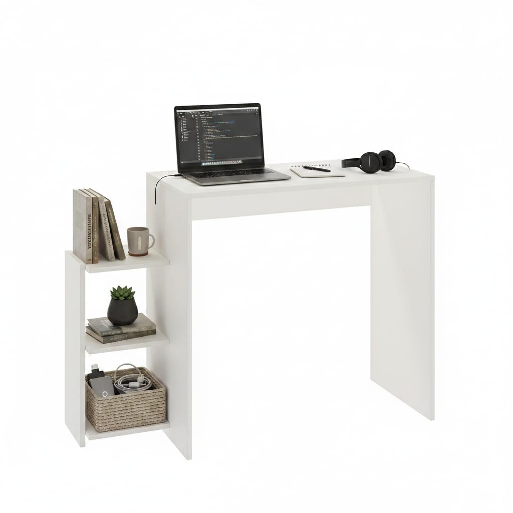 Austin Engineered Wood Study Table with Side Storage Shelves (White) - left_view