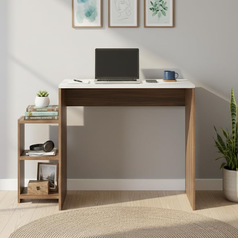 Austin Engineered Wood Study Table with Side Storage Shelves (Exotic Teak & White) - front_view