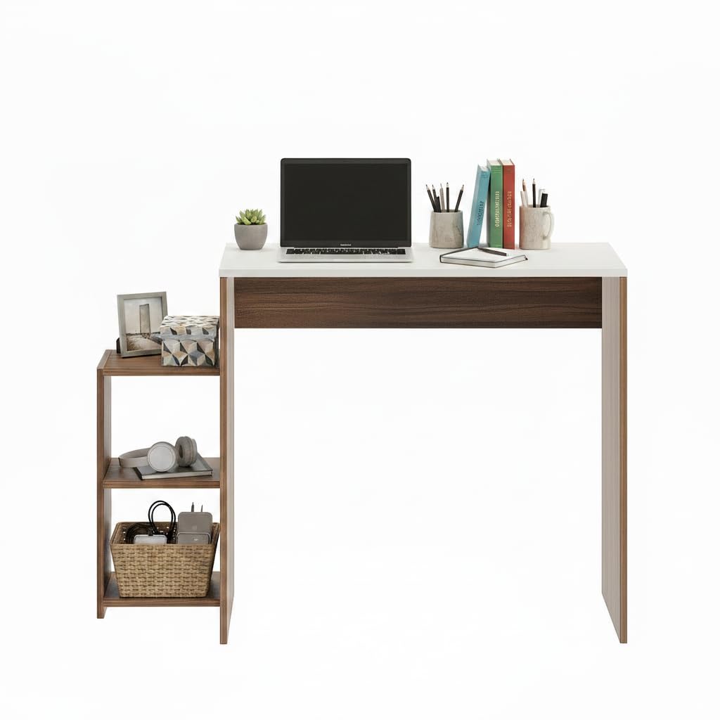 Austin Engineered Wood Study Table with Side Storage Shelves (Exotic Teak & White) - top_view