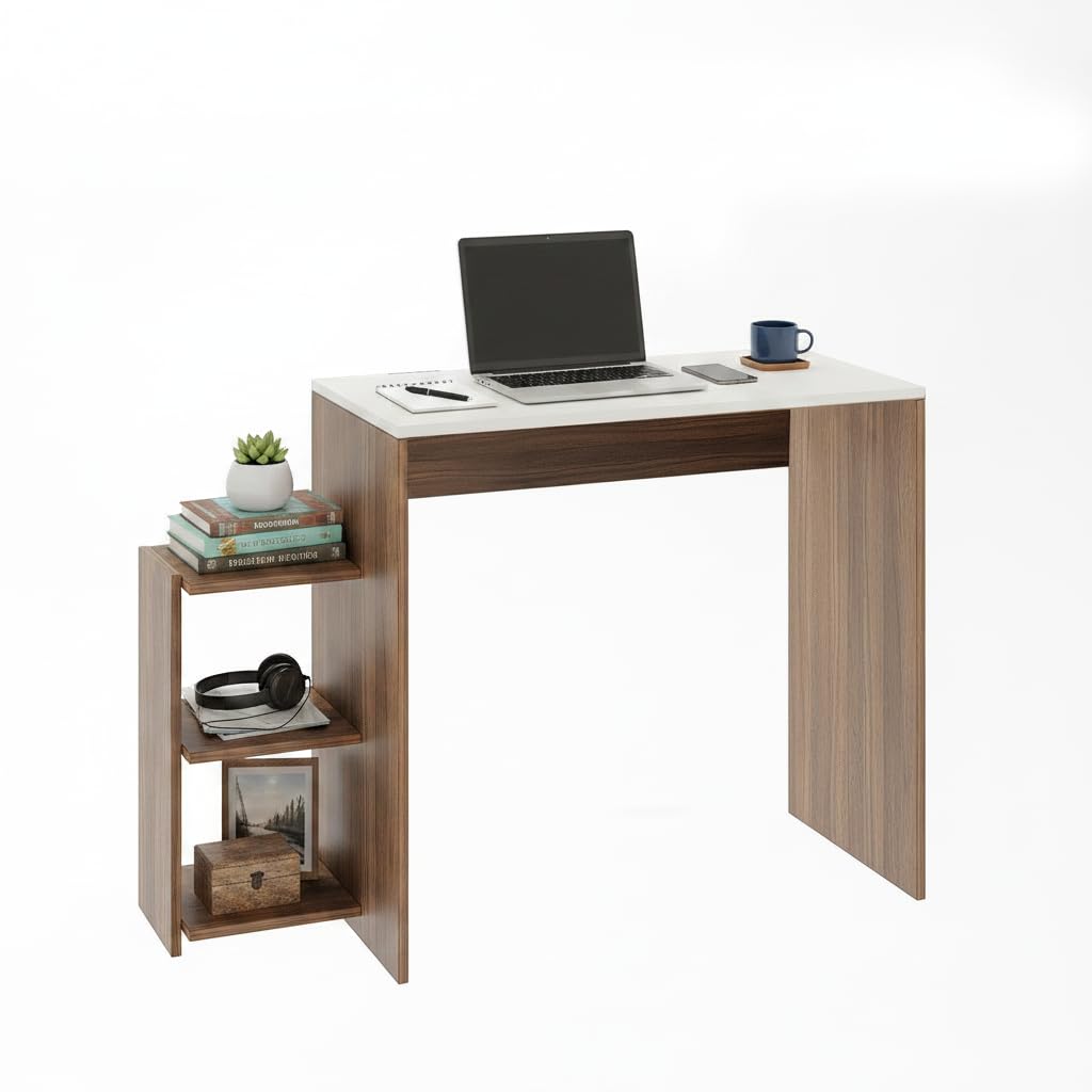 Austin Engineered Wood Study Table with Side Storage Shelves (Exotic Teak & White) - left_view