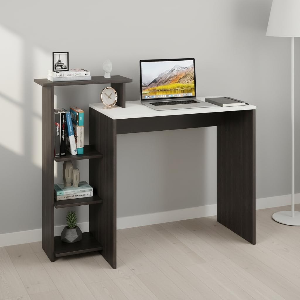 Austin Engineered Wood Study Table with Side Storage Shelves (Wenge & White) - front_view