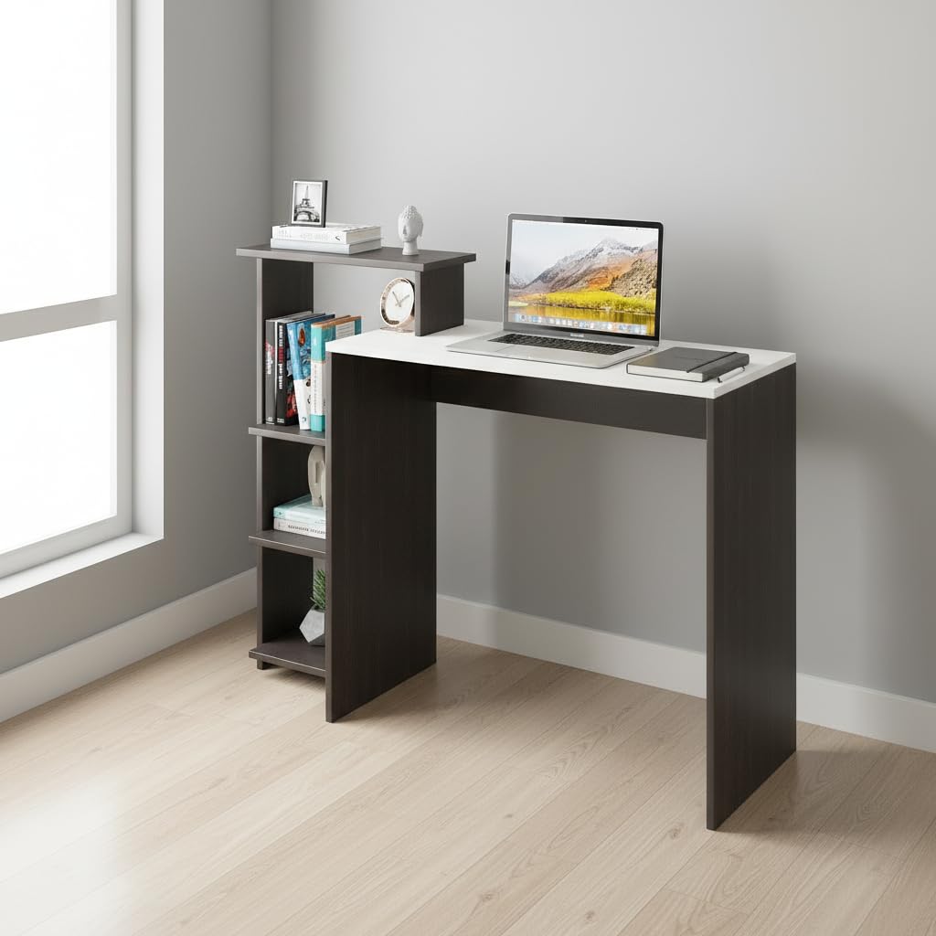 Austin Engineered Wood Study Table with Side Storage Shelves (Wenge & White) - top_view