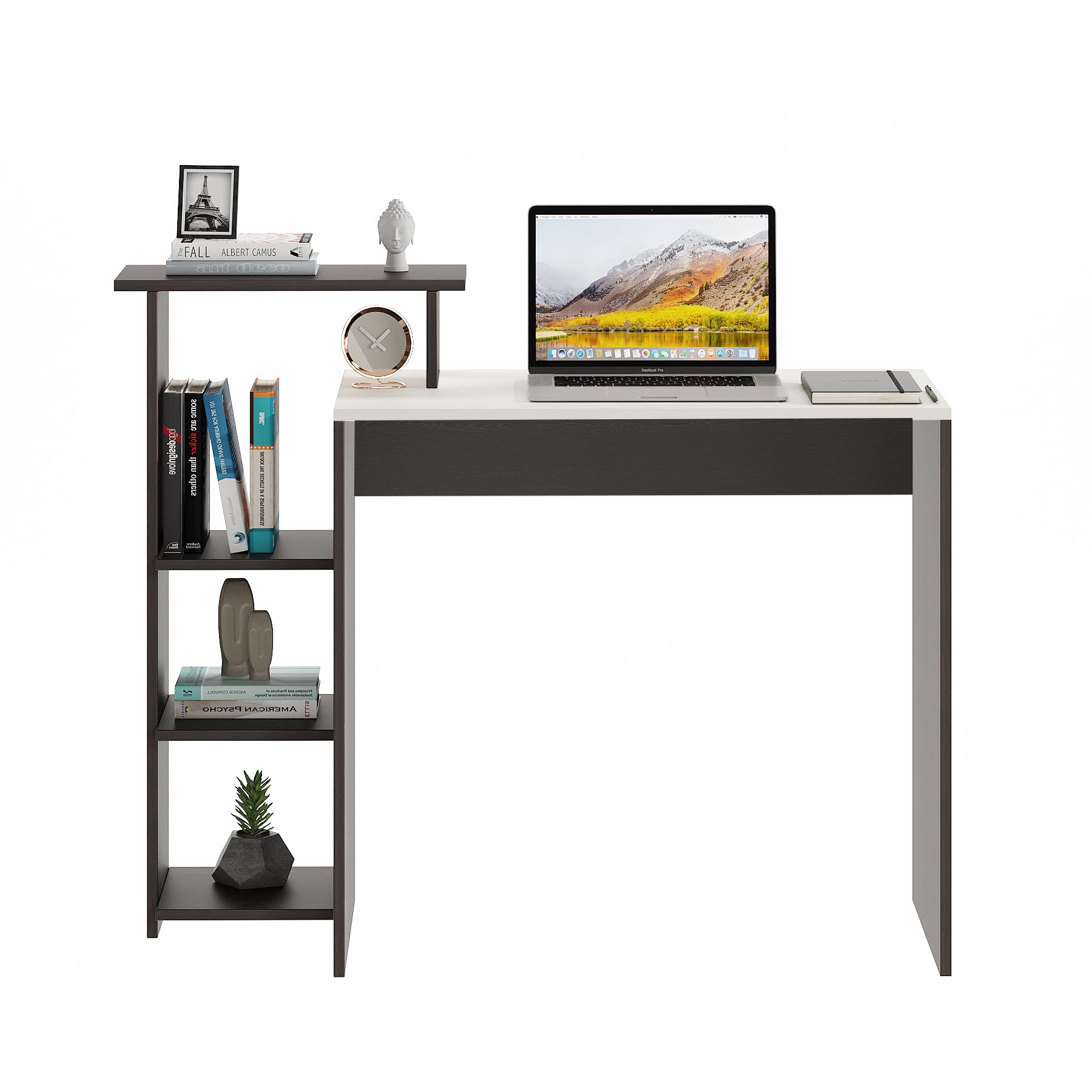 Austin Engineered Wood Study Table with Side Storage Shelves (Wenge & White) - left_view