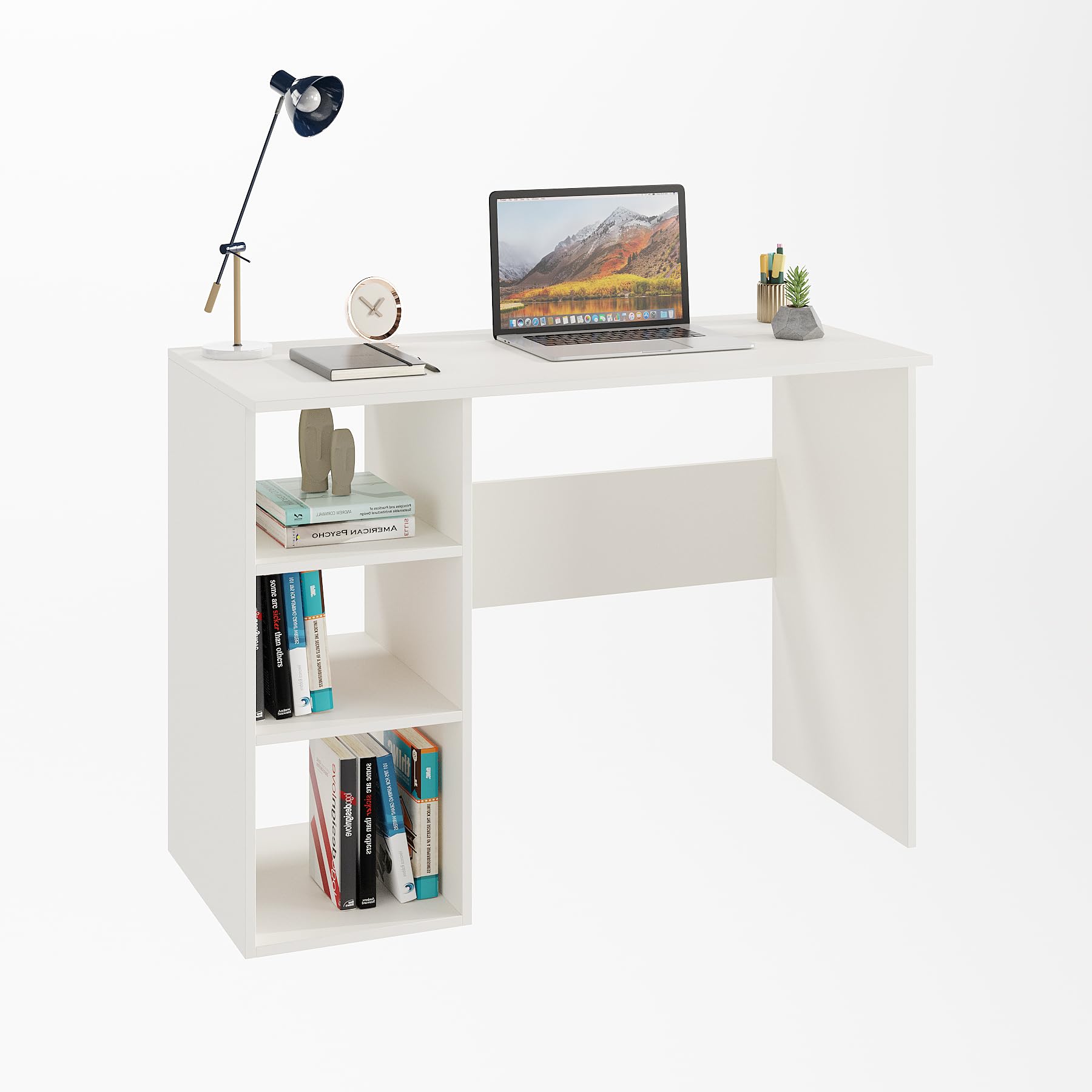 Carren Engineered Wood Study Table with 3 Storage Shelves | White Finish - rear_view