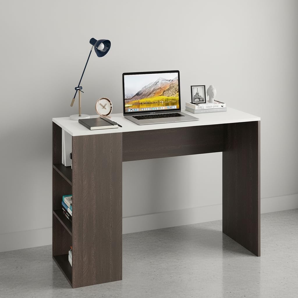 Lexus Compact Engineered Wood Study Table with Side Storage Shelves (Wenge & White) - front_view