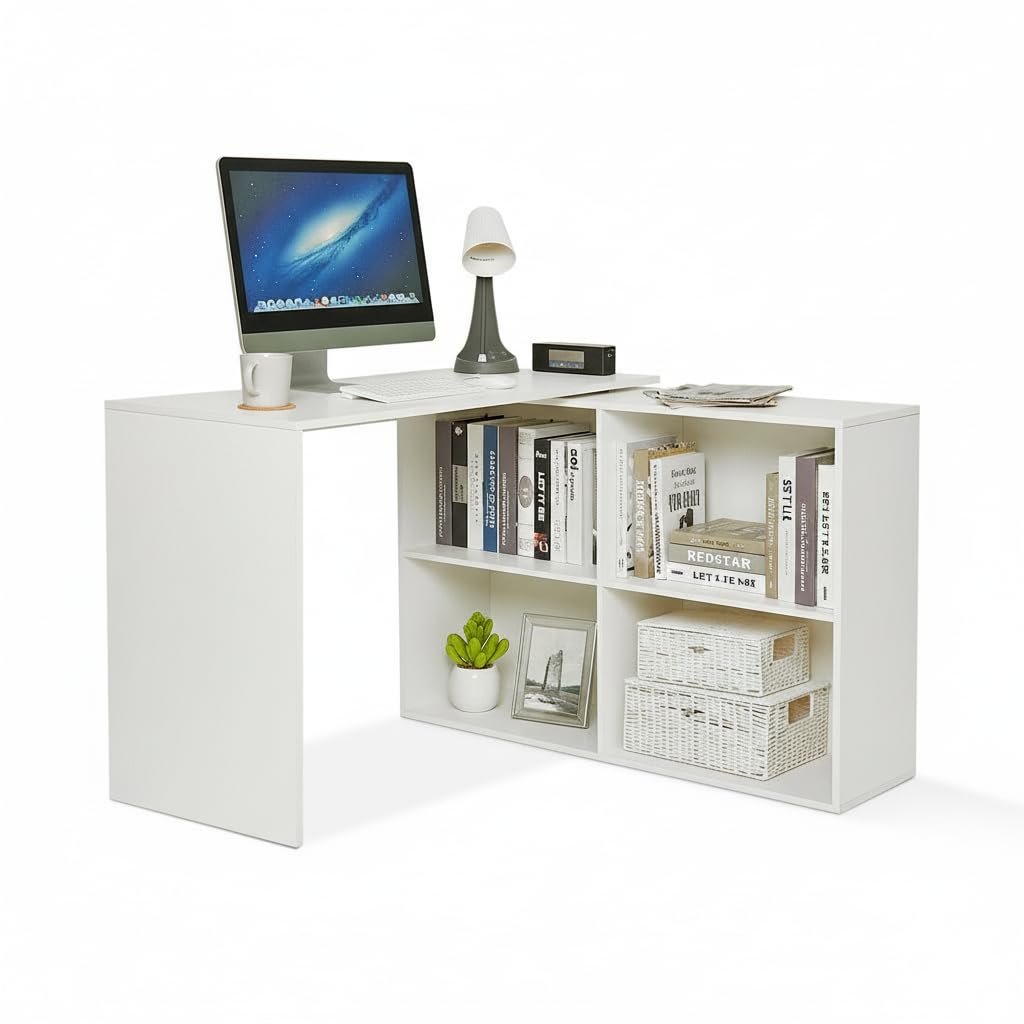 Maggen Engineered Wood Rotatable Study Table With Bookcase (White) - top_view