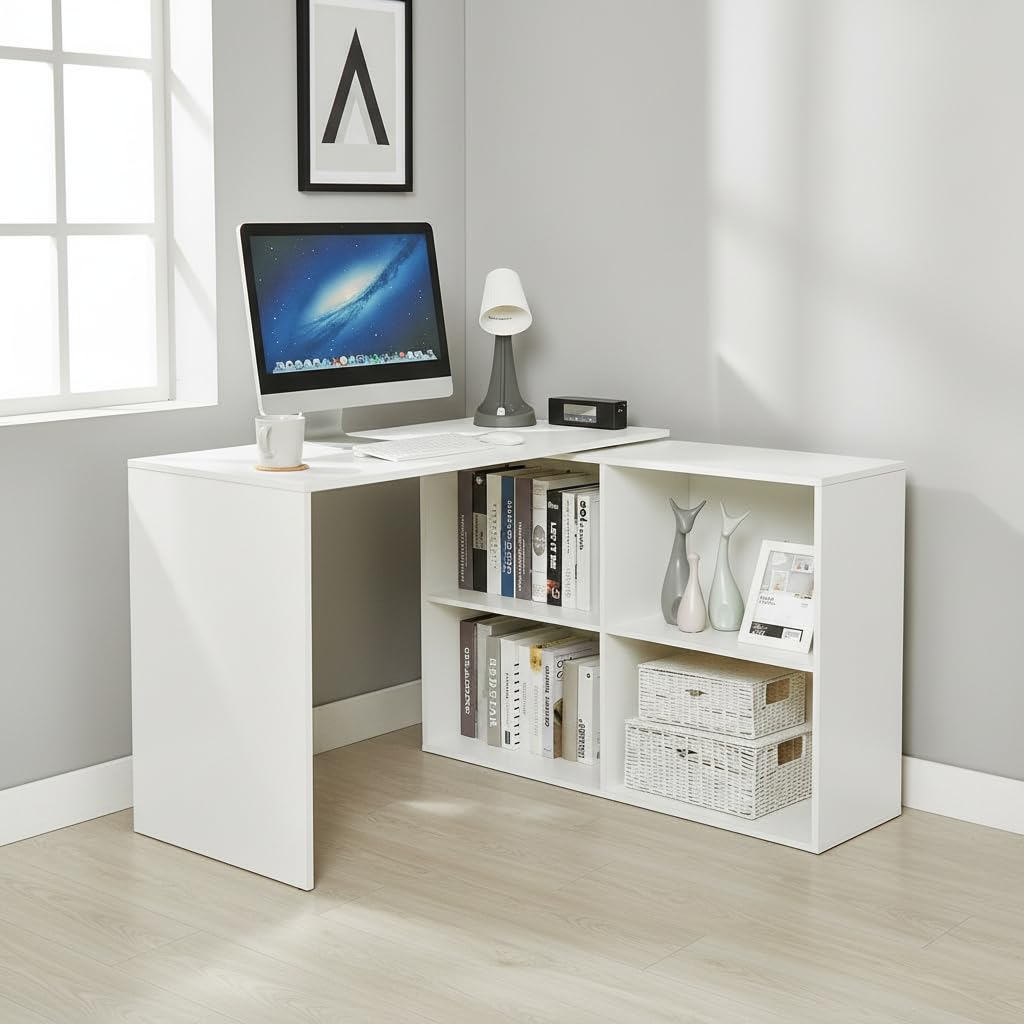 Maggen Engineered Wood Rotatable Study Table With Bookcase (White) - left_view