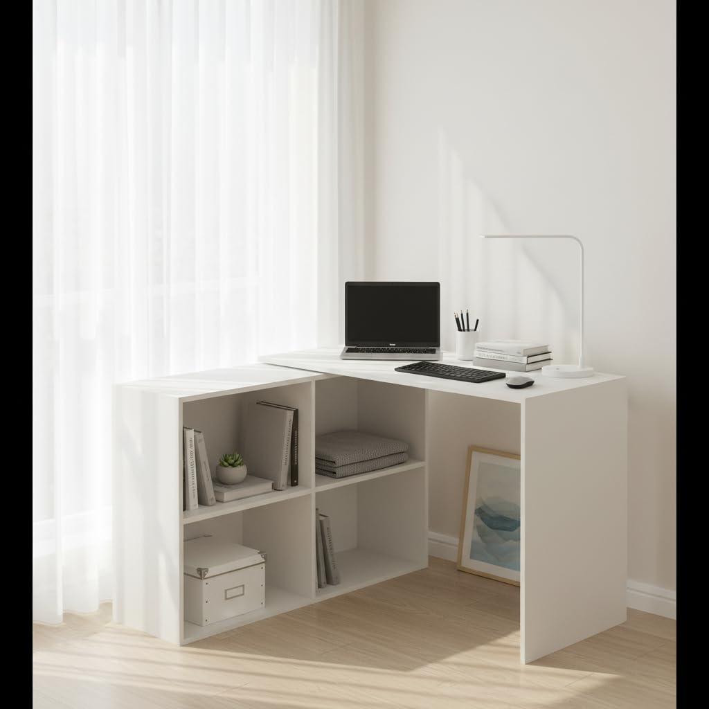 Maggen Engineered Wood Rotatable Study Table With Bookcase (White) - right_view