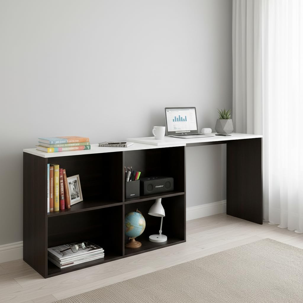 Maggen L-Shaped Corner Engineered Wood Rotatable Study Table (Wenge & White) - front_view