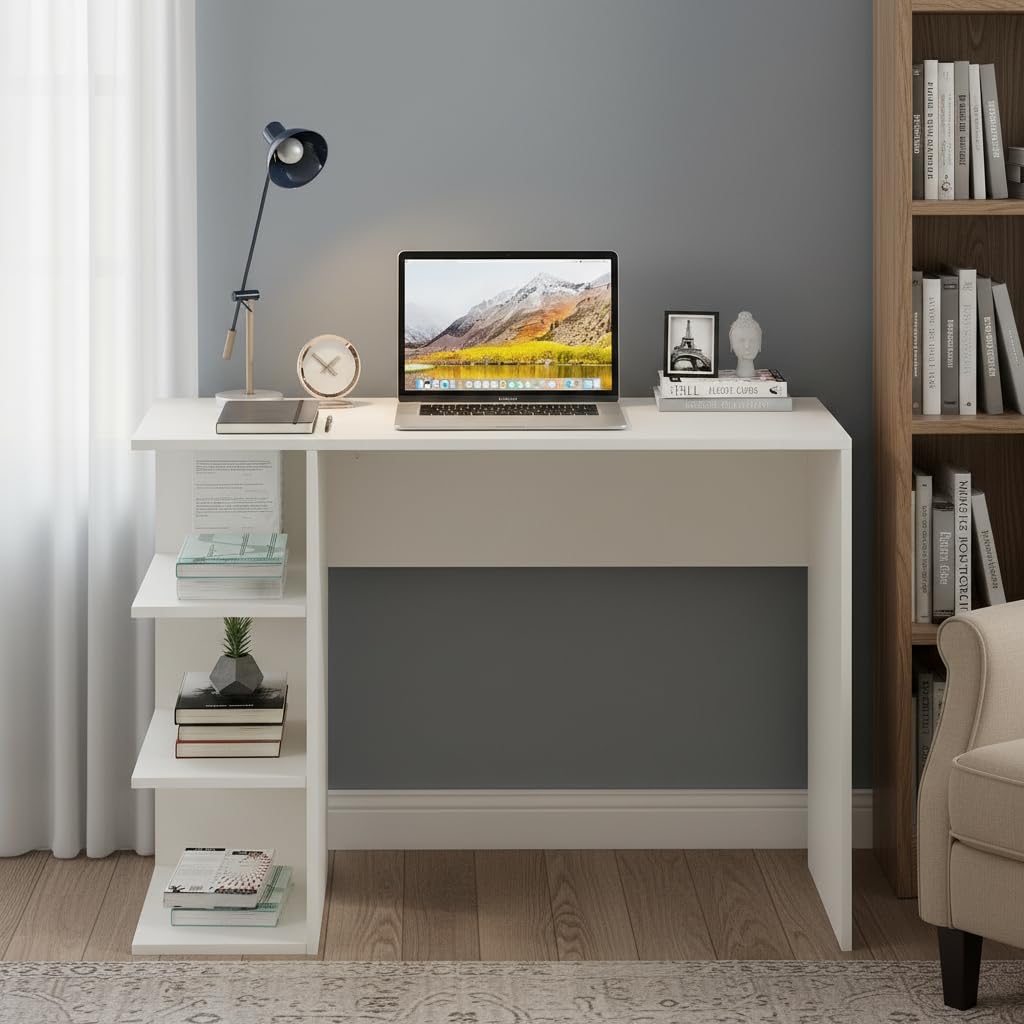 Qualish Study Table with Under Desk Storage Shelf (White) - front_view