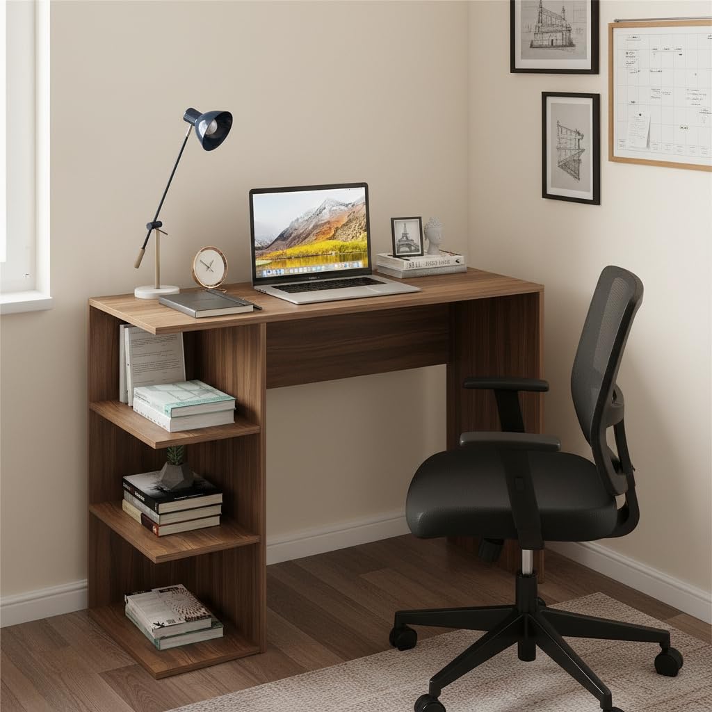 Qualish Engineered Wood Study Desk with Open Side Shelves (Exotic Teak) - front_view