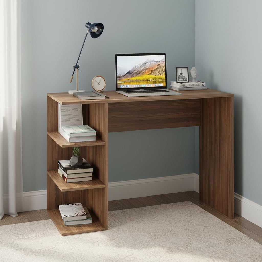 Qualish Engineered Wood Study Desk with Open Side Shelves (Exotic Teak) - top_view