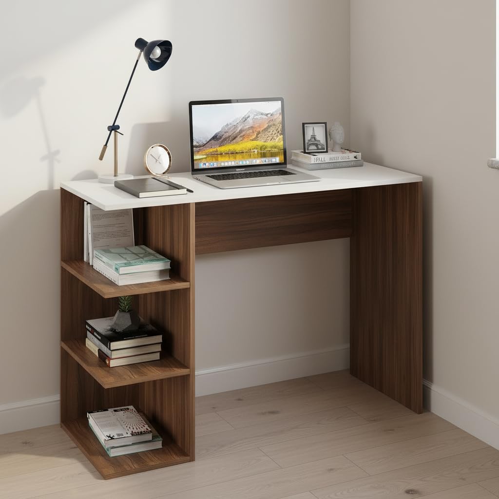 Qualish Engineered Wood Study Desk with Open Side Shelves (Exotic Teak & White) - front_view