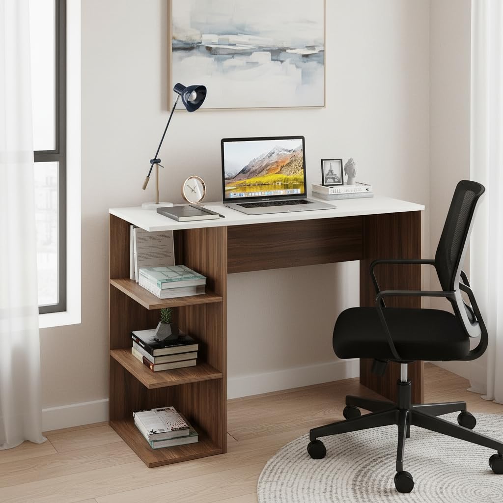 Qualish Engineered Wood Study Desk with Open Side Shelves (Exotic Teak & White) - top_view