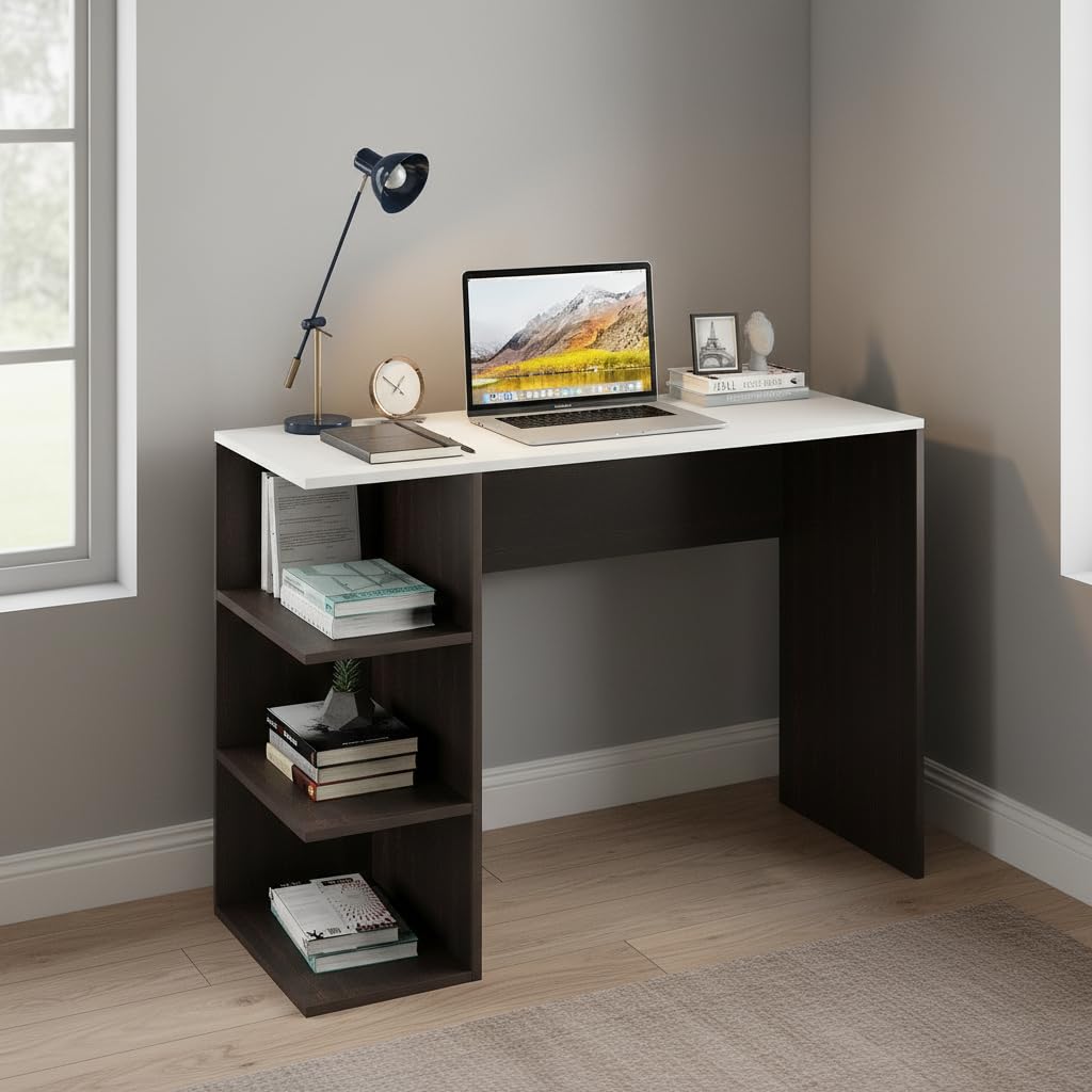 Qualish Engineered Wood Study Desk with Open Side Shelves (Wenge & White) - front_view