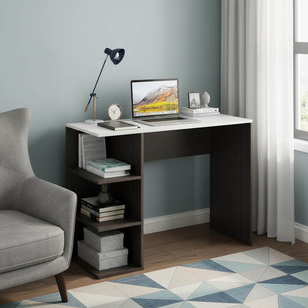 Qualish Engineered Wood Study Desk with Open Side Shelves (Wenge & White) - top_view