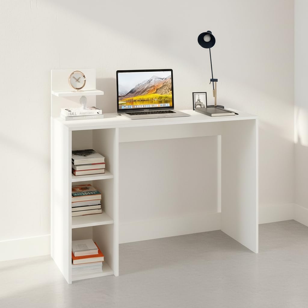 Sion Compact Engineered Wood Study Table with Side Storage Shelves (White) - front_view