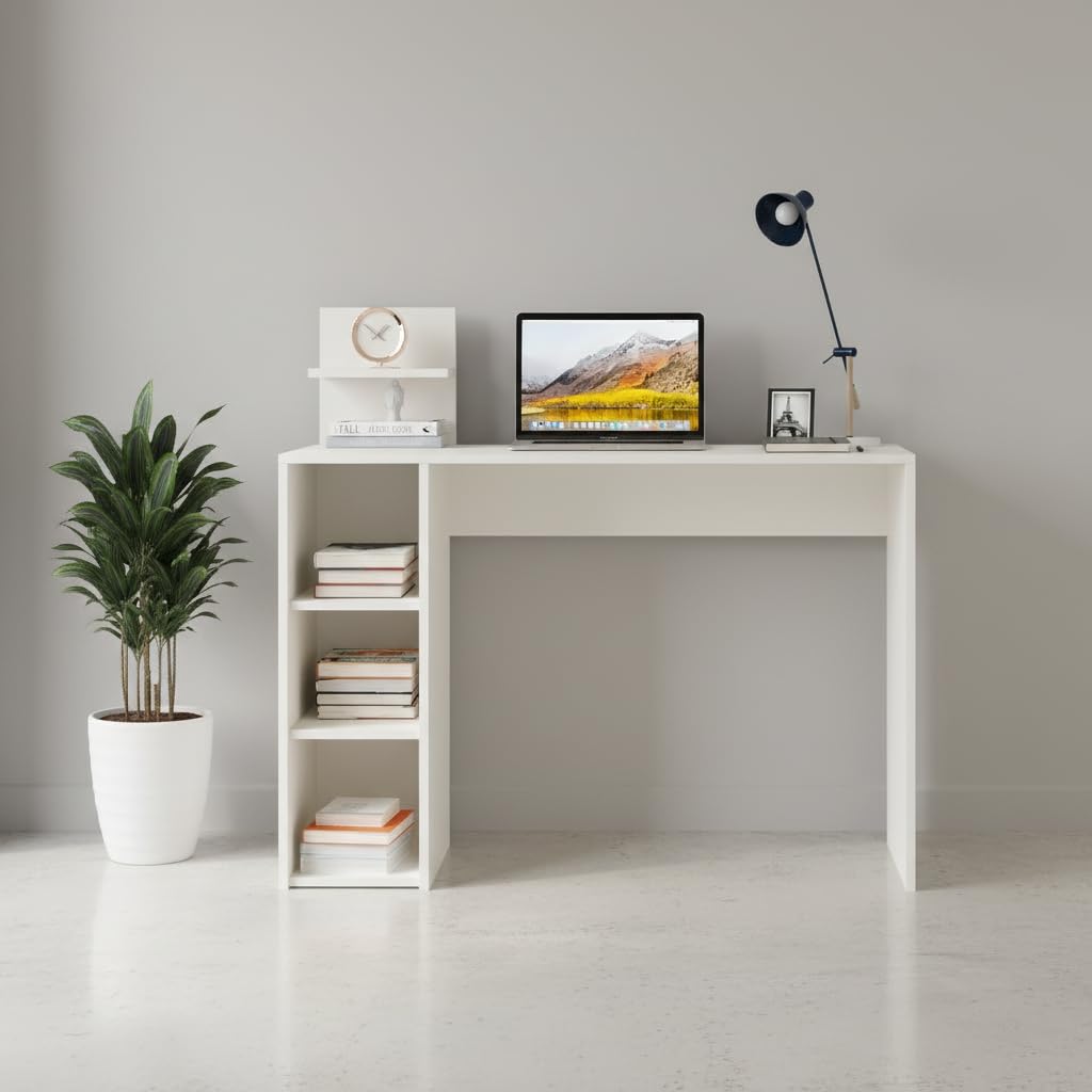 Sion Compact Engineered Wood Study Table with Side Storage Shelves (White) - left_view
