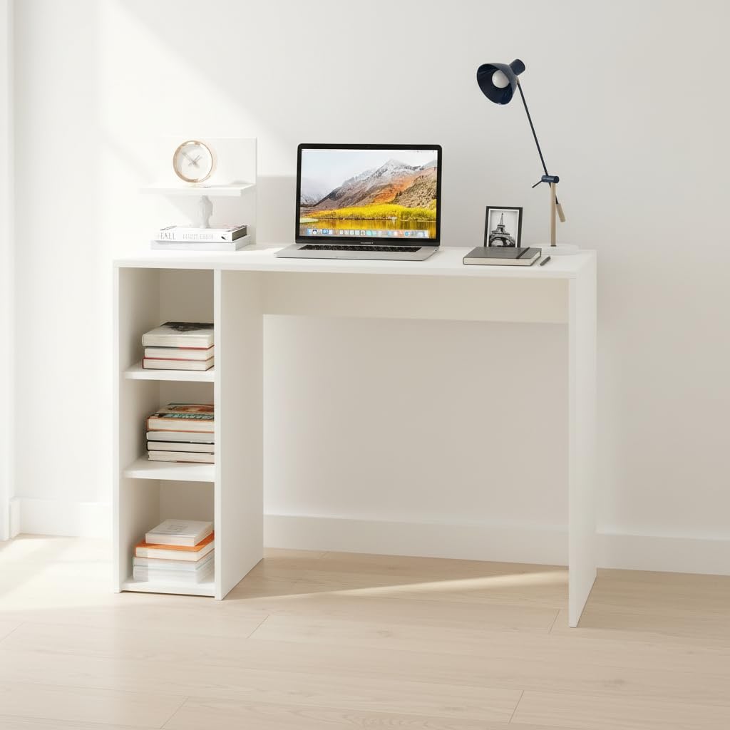 Sion Compact Engineered Wood Study Table with Side Storage Shelves (White) - right_view
