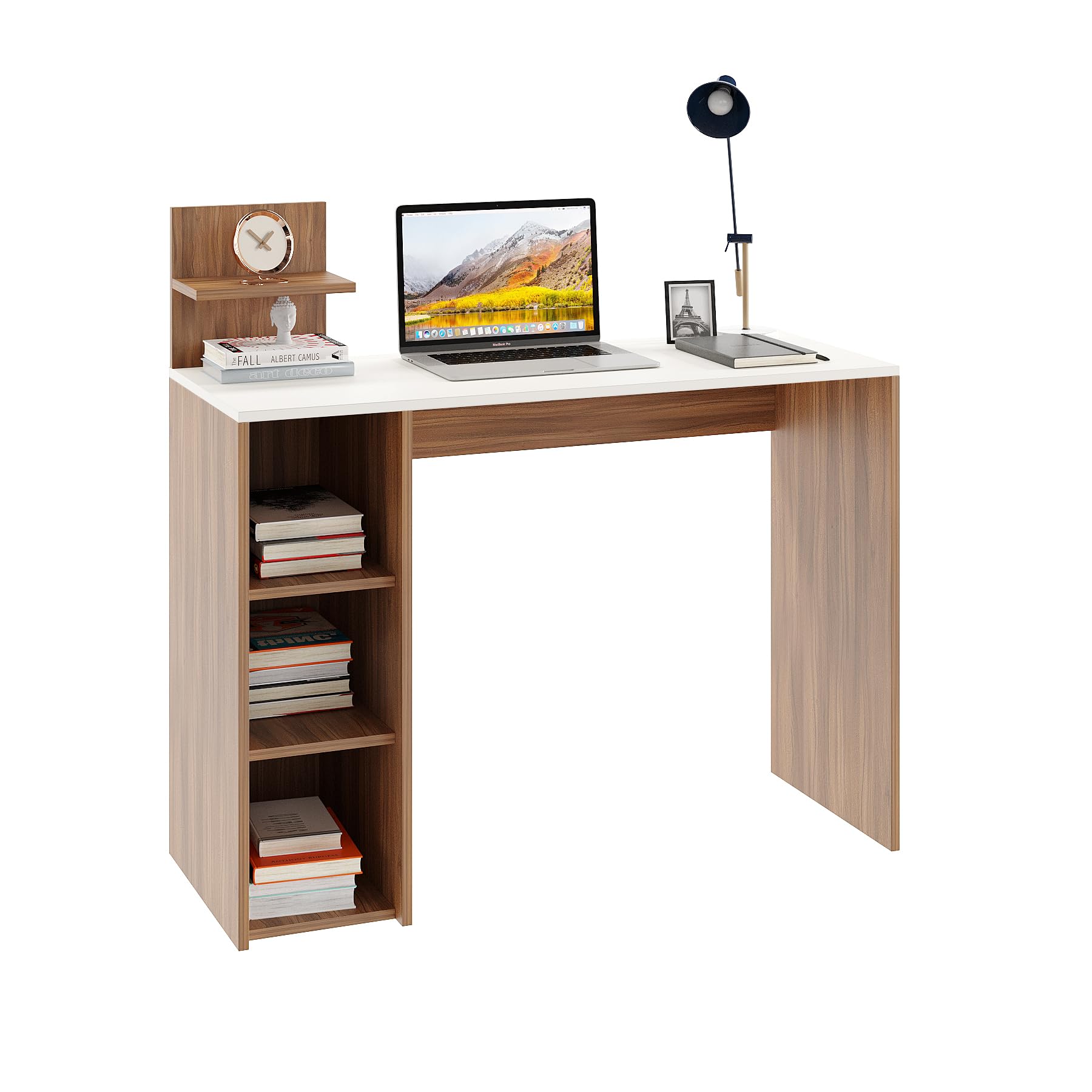 Sion Compact Engineered Wood Study Table with Side Storage Shelves (Exotic Teak & White) - front_view