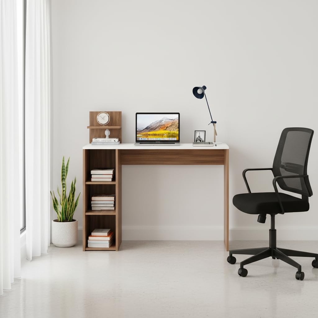 Sion Compact Engineered Wood Study Table with Side Storage Shelves (Exotic Teak & White) - top_view