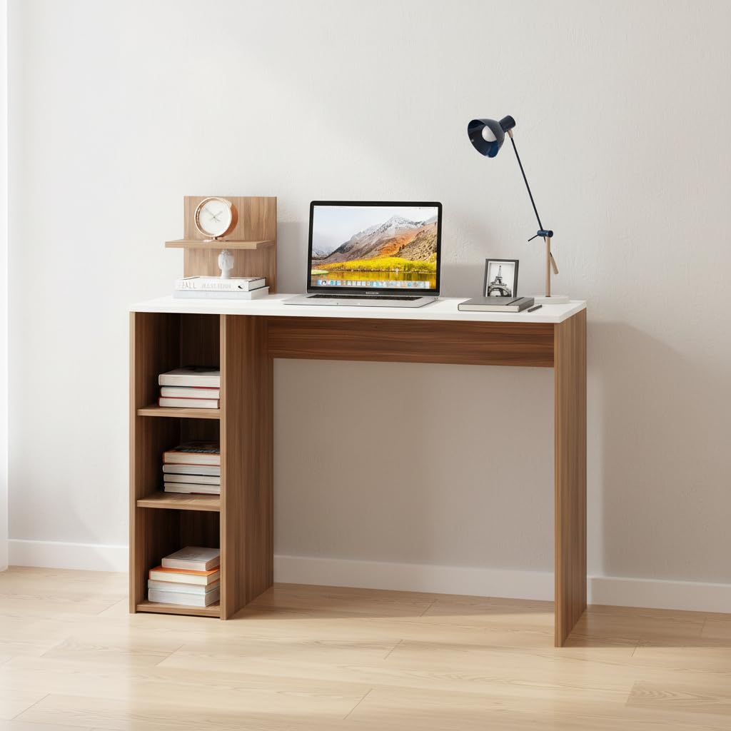 Sion Compact Engineered Wood Study Table with Side Storage Shelves (Exotic Teak & White) - left_view