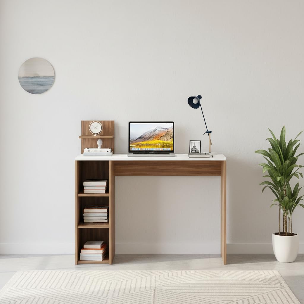 Sion Compact Engineered Wood Study Table with Side Storage Shelves (Exotic Teak & White) - right_view