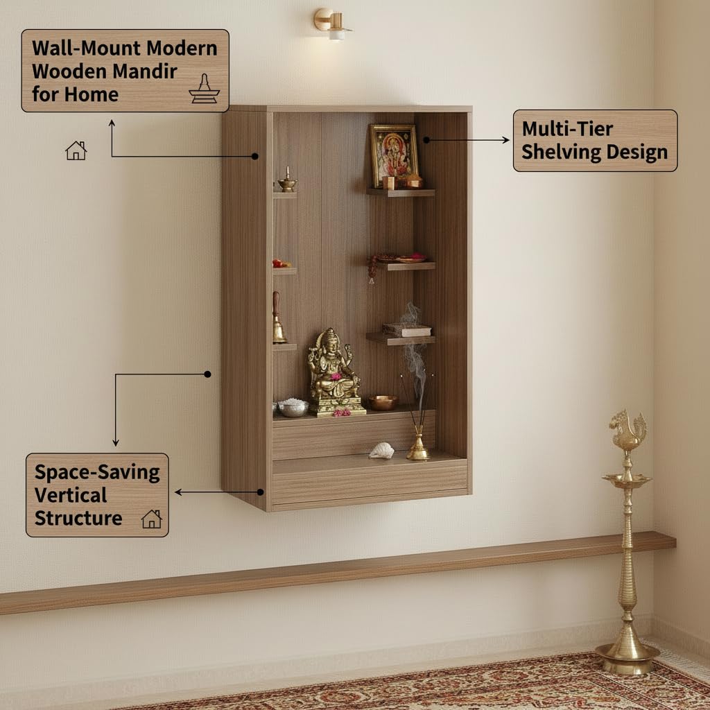 Ketki Wall Mounted Engineered Wood Pooja Mandir for Home In Wenge & Frosty White Finish (Exotic Teak) - front_view