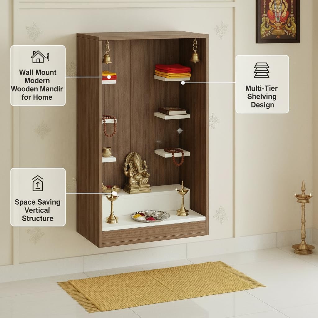 Ketki Wall Mounted Engineered Wood Pooja Mandir for Home (Exotic Teak & White) - front_view