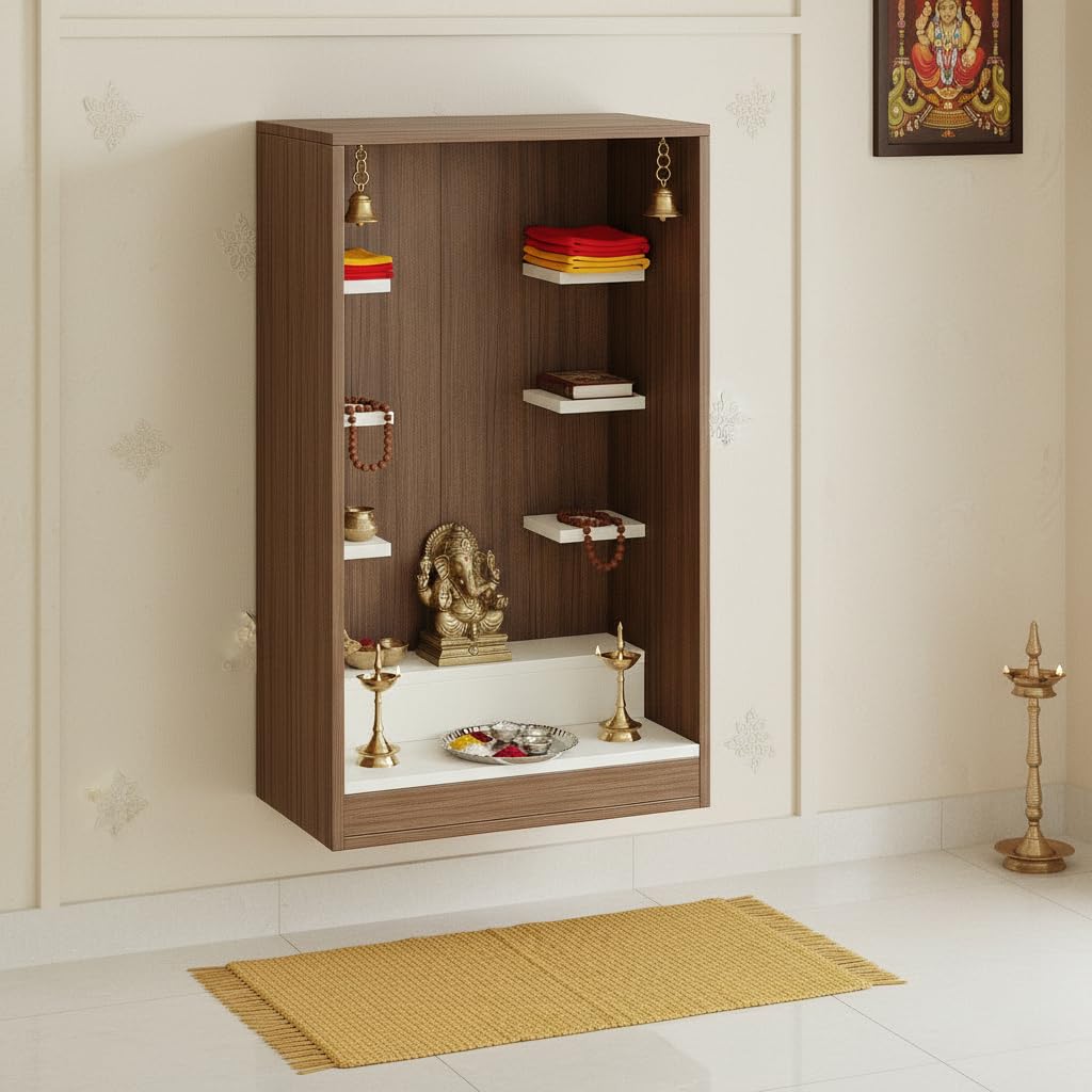 Ketki Wall Mounted Engineered Wood Pooja Mandir for Home (Exotic Teak & White) - top_view