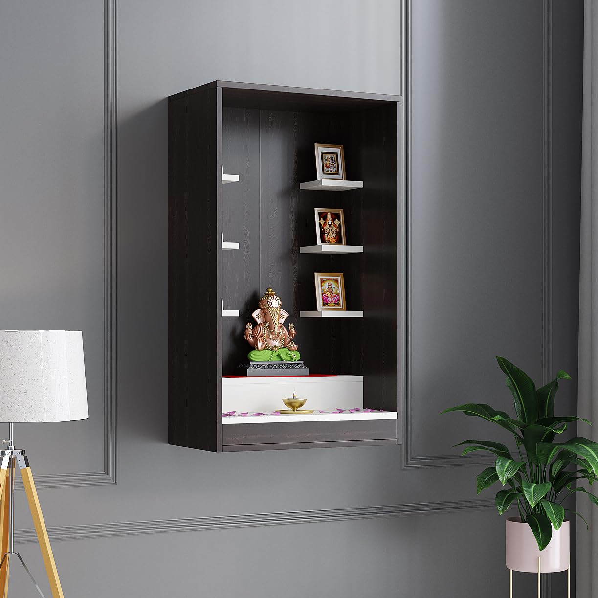 Ketki Wall Mounted Engineered Wood Pooja Mandir for Home in Wenge & Frosty White Finish - front_view