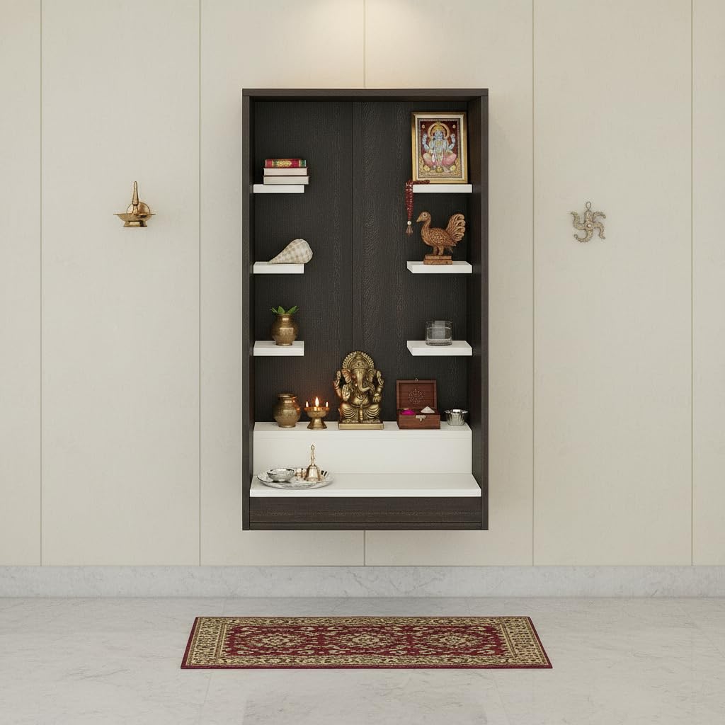 Ketki Wall Mounted Engineered Wood Pooja Mandir for Home in Wenge & Frosty White Finish - top_view